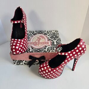 Bordello Teeze-08 Heels PU Leather Women Size 8 Red Polka Dot Rockabilly Pinup